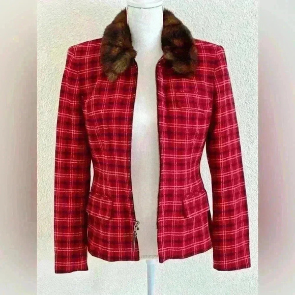 Lauren Ralph Lauren Red Plaid Jacket with Faux Fur Collar Size 6 - Picture 2 of 10